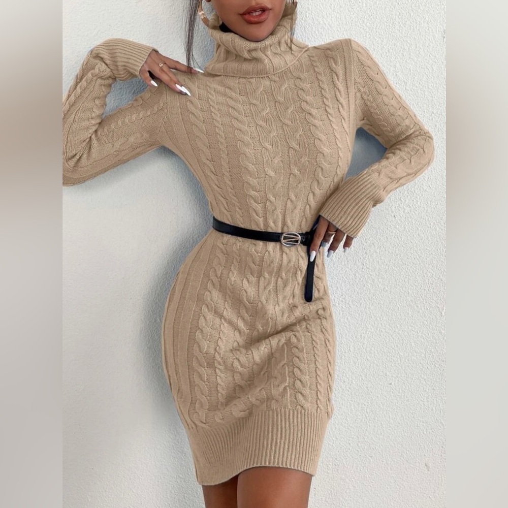 High Neck Cable Knit Bodycon Sweater Dress